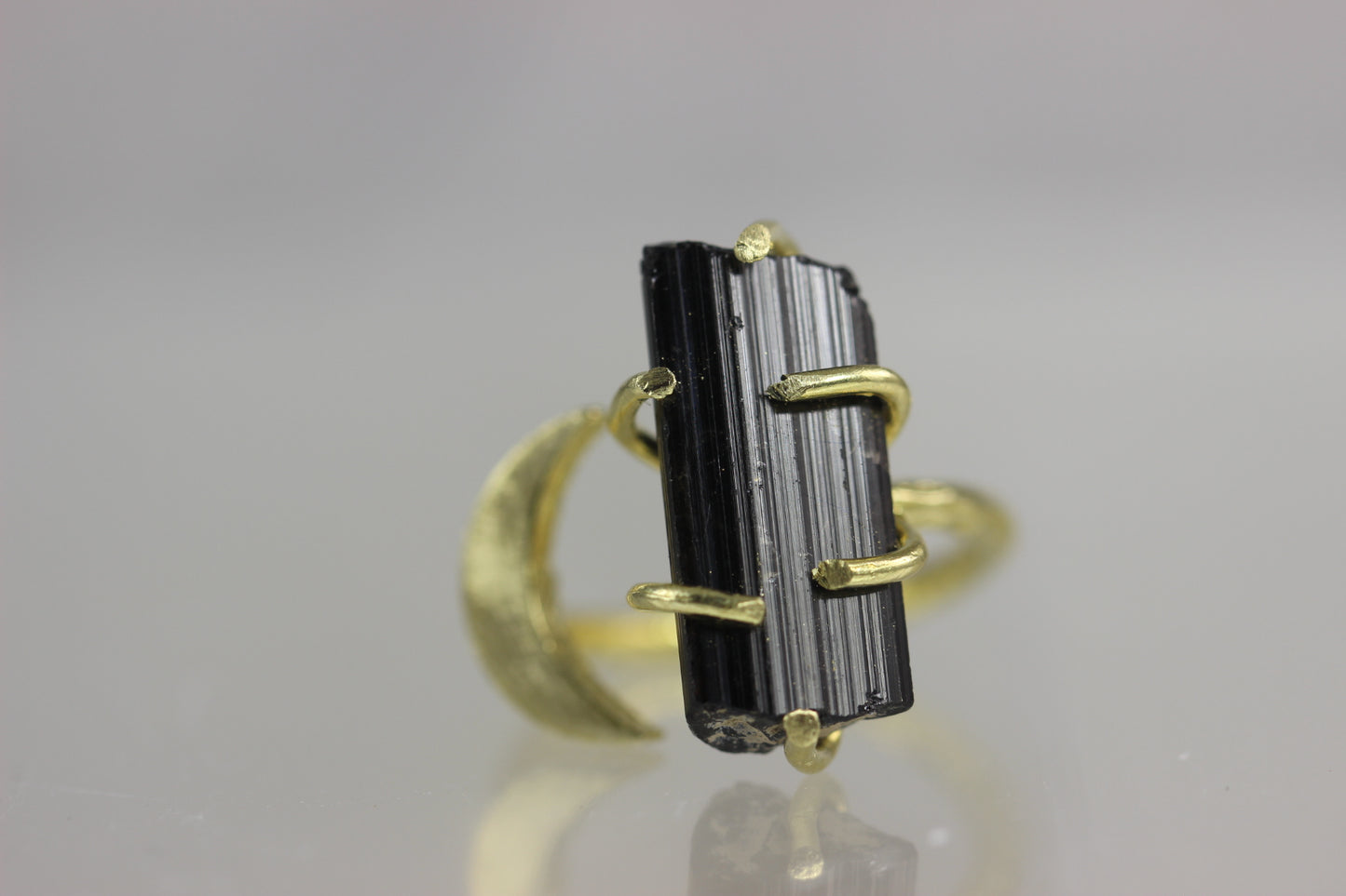 Black Tourmaline Crystal Moon Ring