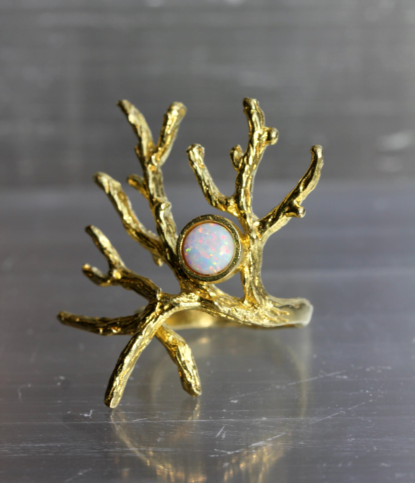 Created Opal Brass Branch Ring