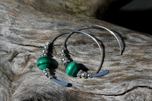 Malachite Bali Silver Bead Hoops
