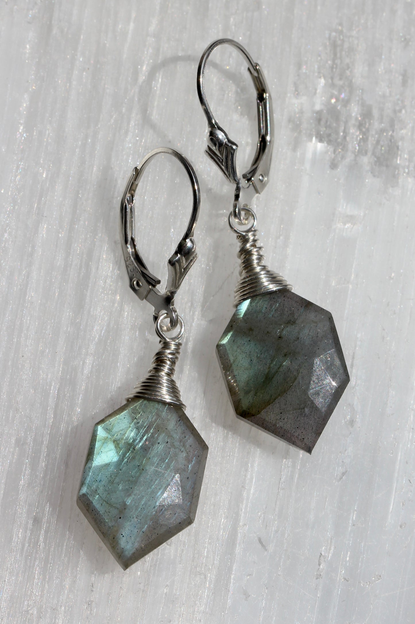 Labradorite Hexagonal Silver Wrap Earrings