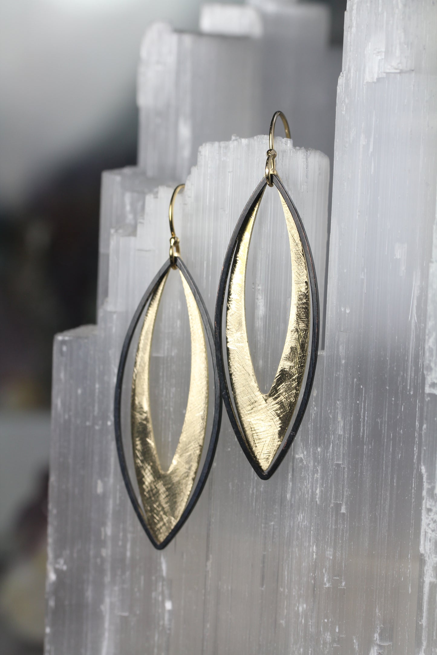 Black and Gold Brass Marquis Earrings