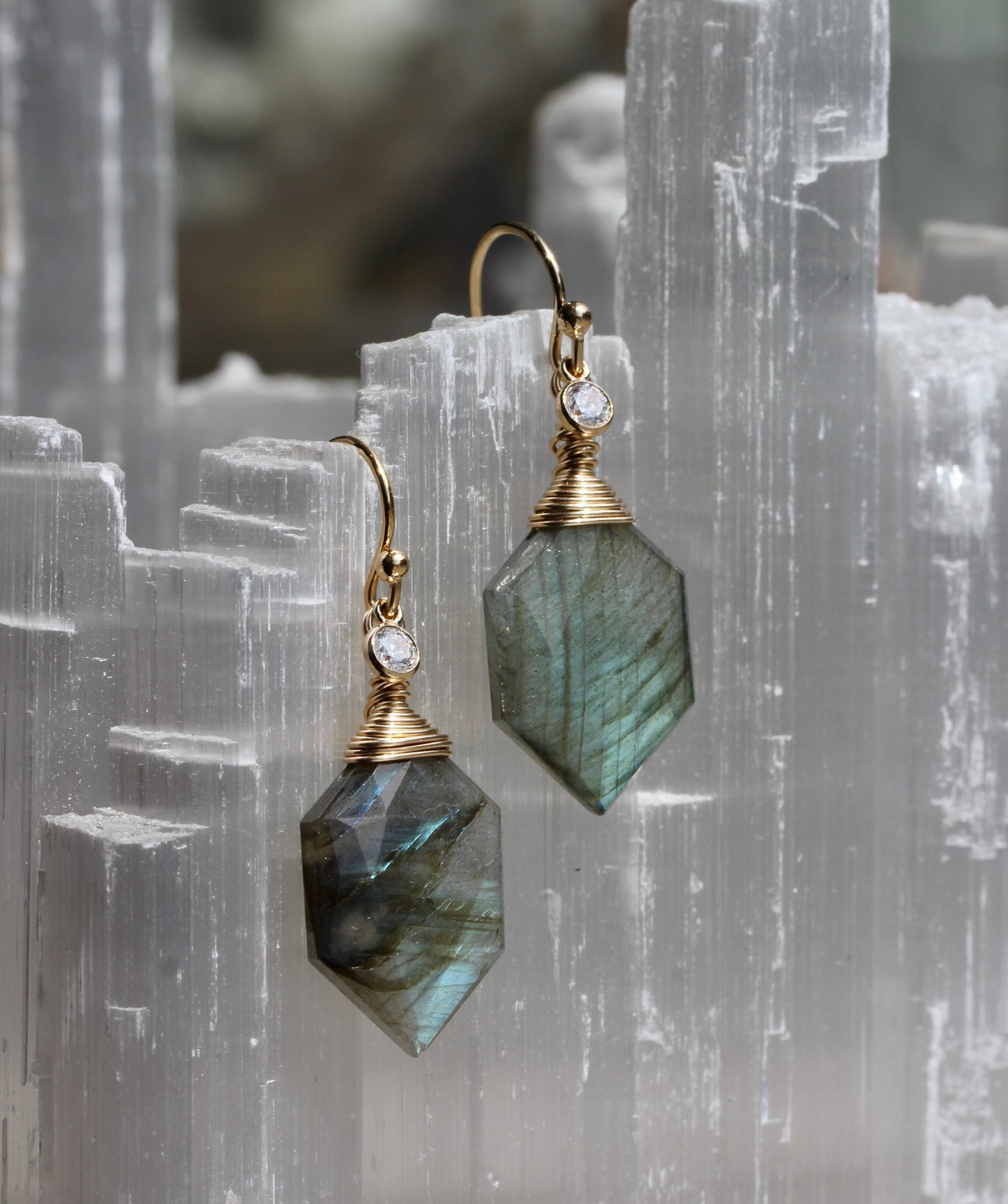 Labradorite Hexagonal Gold Wrap Earrings