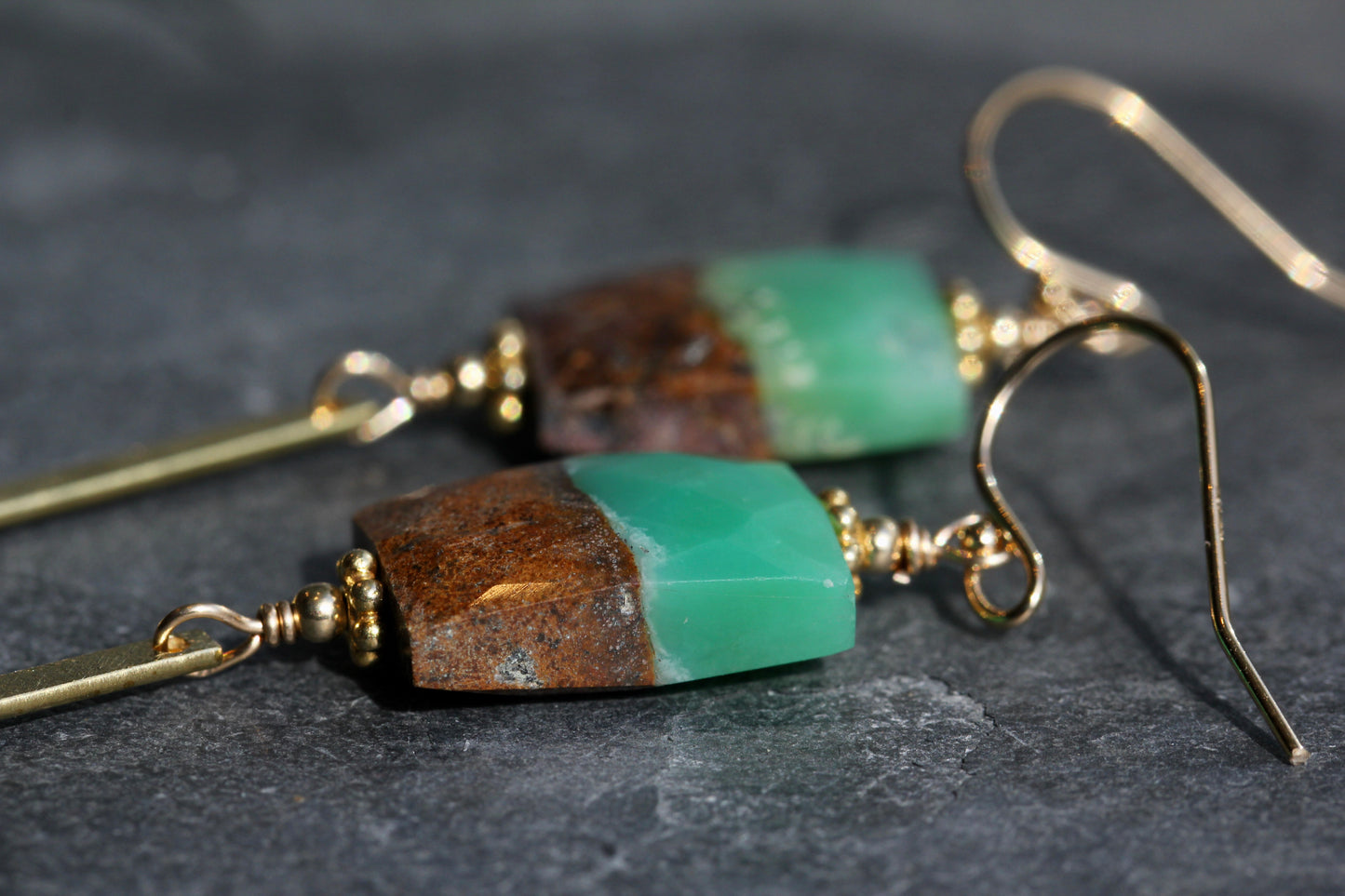 Chrysoprase Rectangle Brass Bar Drop Earrings