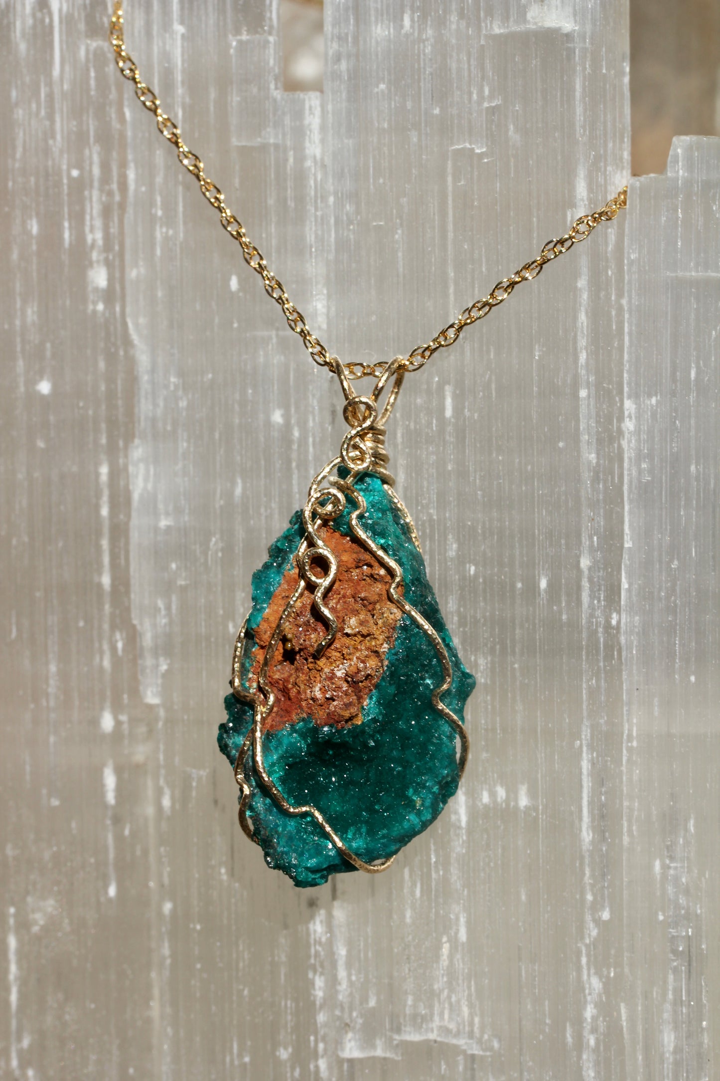 Dioptase Gold Wrap Necklace