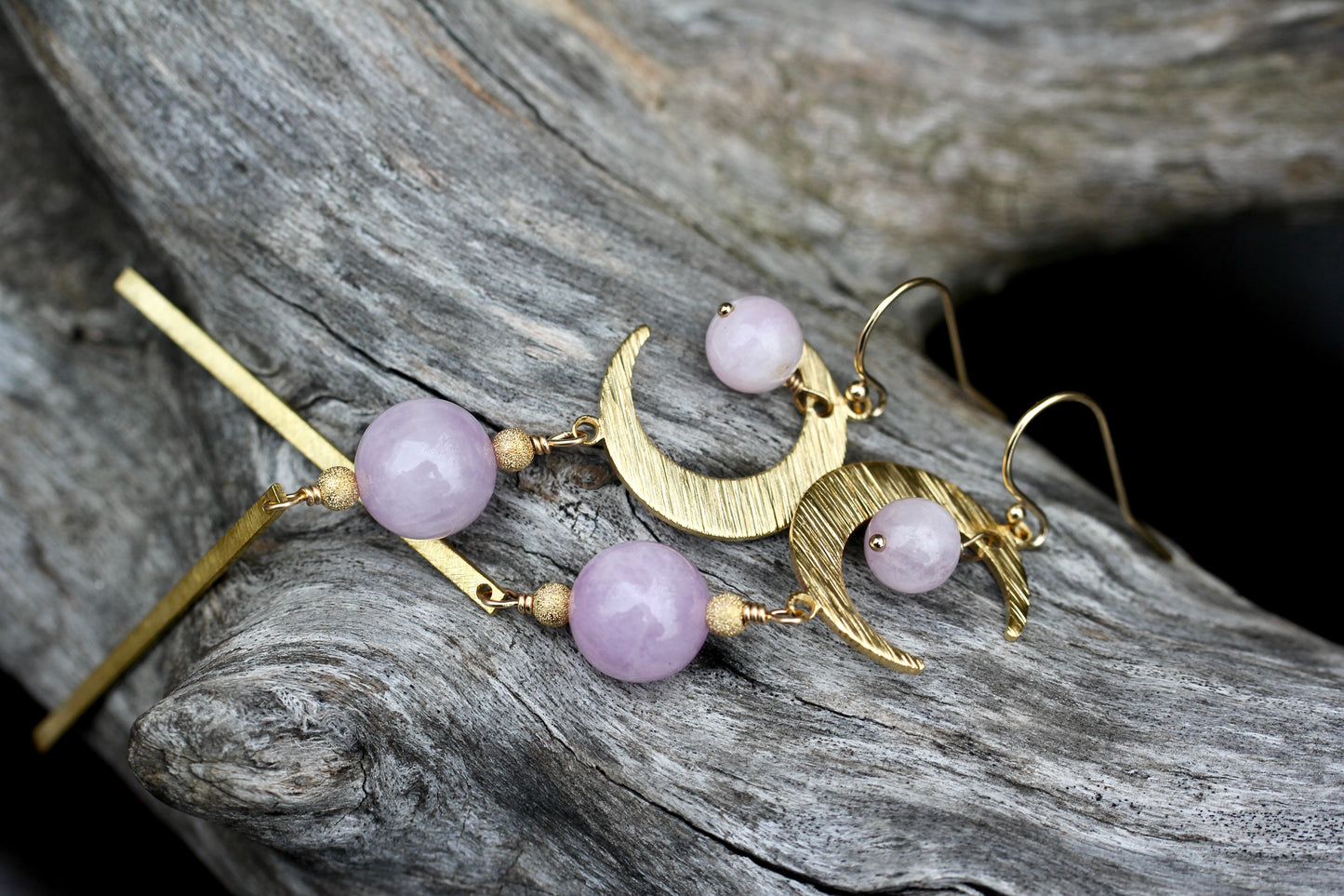 Brass Moon Kunzite Long Drop Earrings