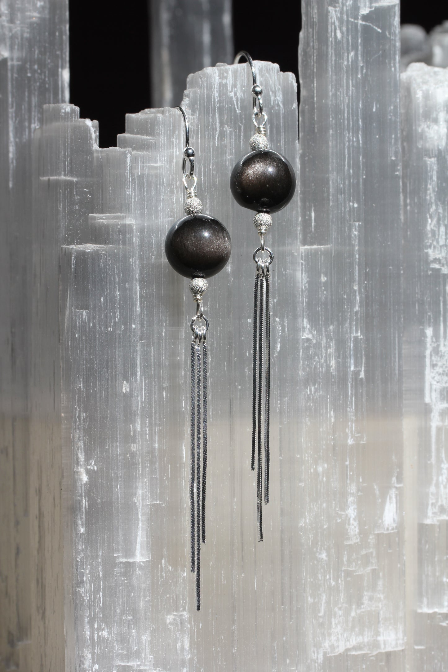 Obsidian Sheen Silver Tassel Earrings