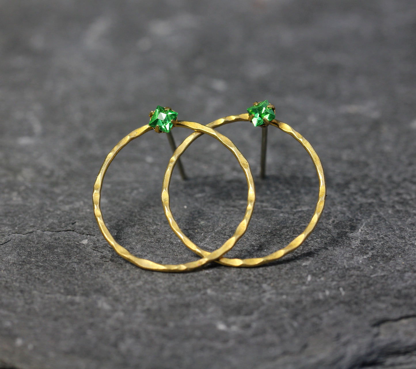 Hammered Brass Green Crystal Hoop Post Earrings