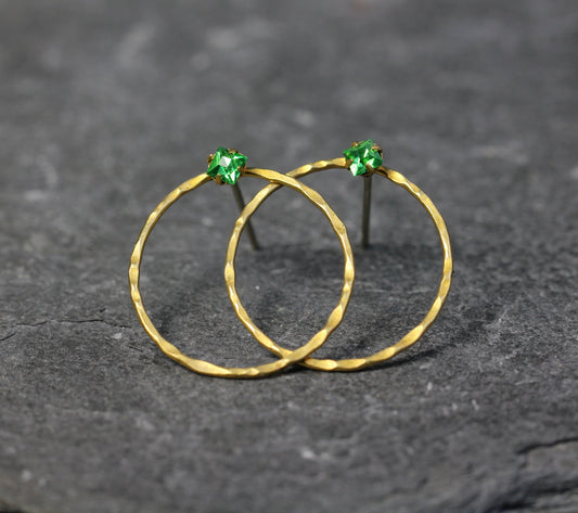 Hammered Brass Green Crystal Hoop Post Earrings