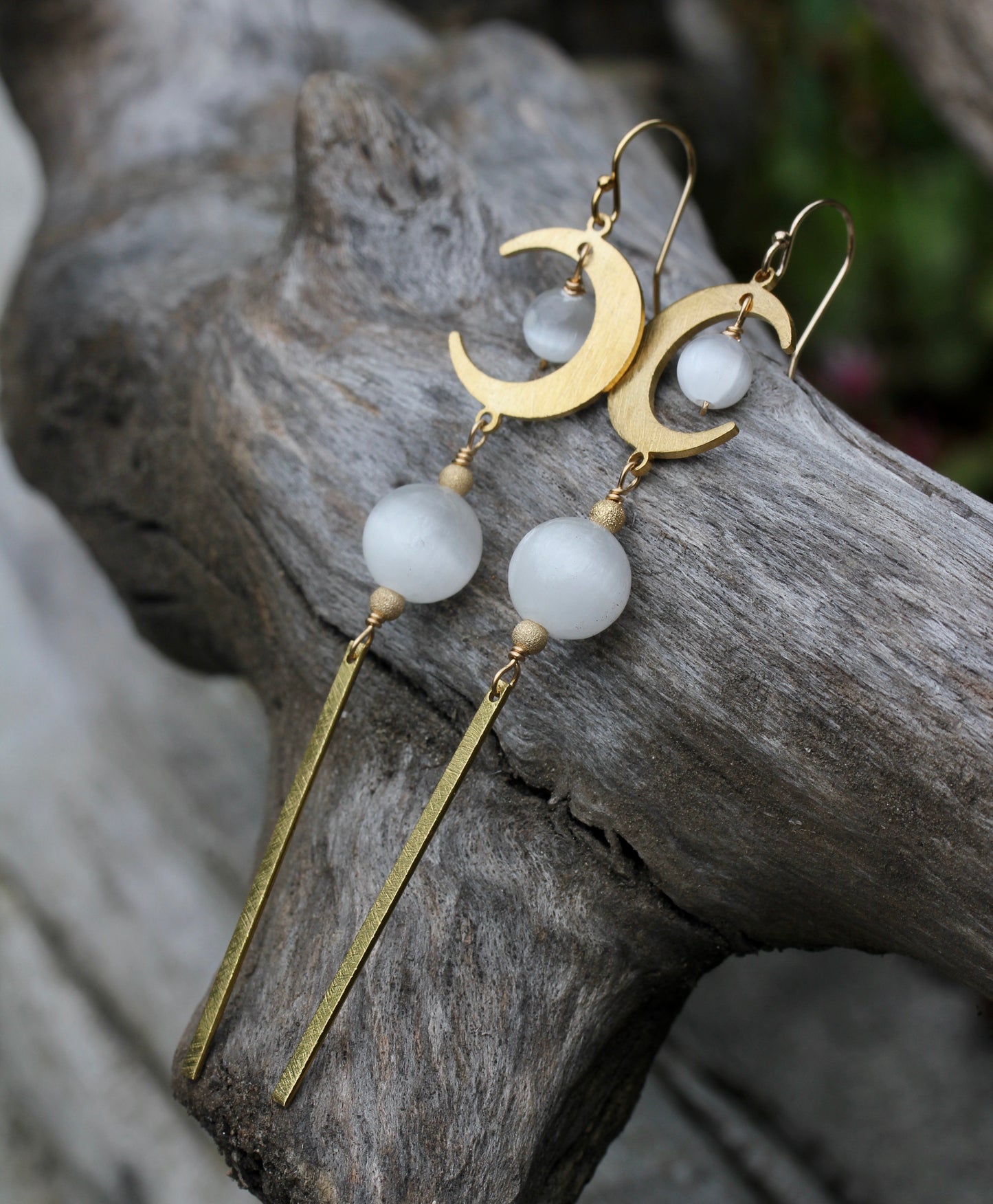 Brass Moon Selenite Long Drop Earrings