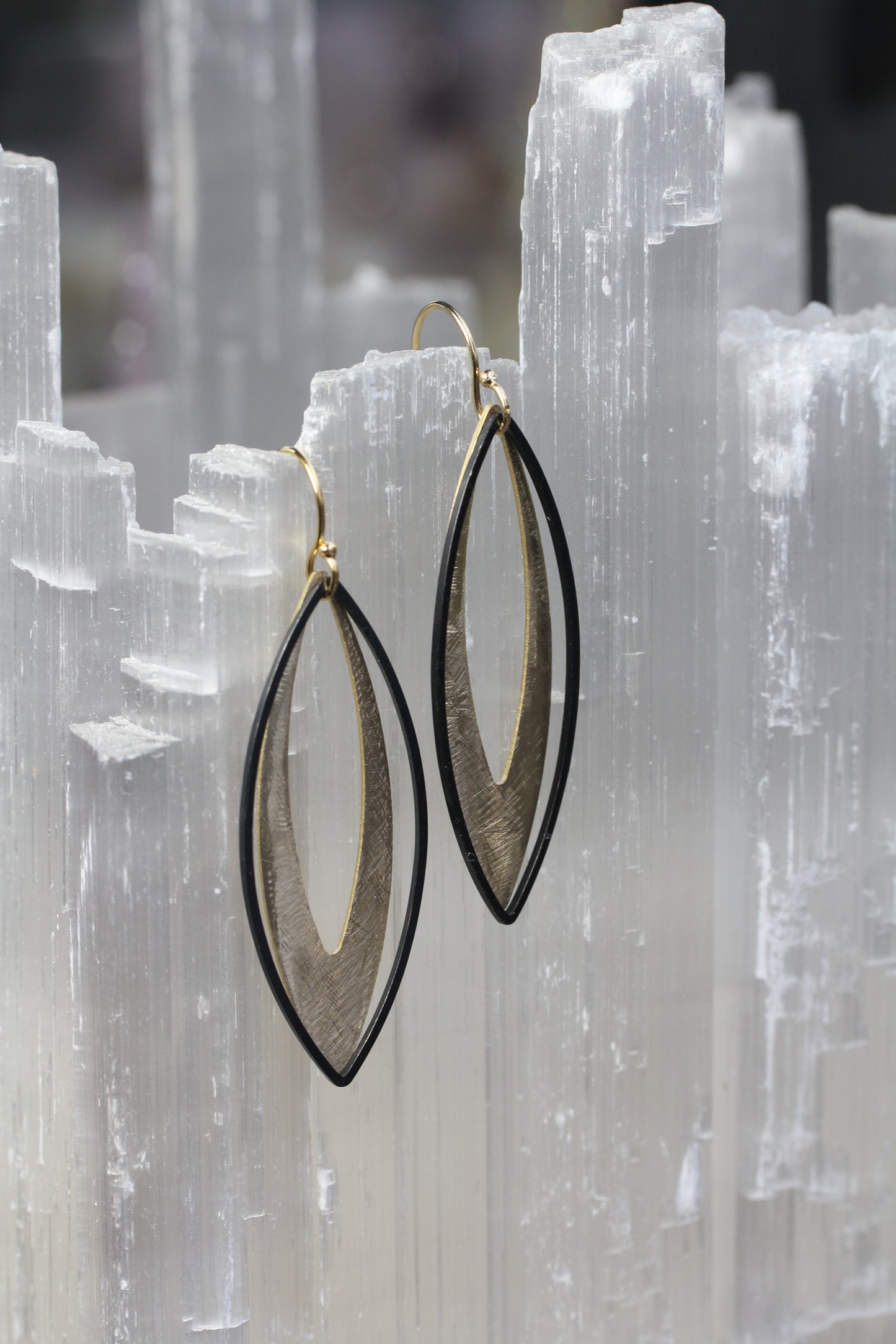Black and Gold Brass Marquis Earrings