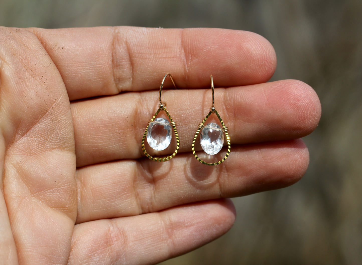 Rock Crystal Quartz Brass Tear Drop Earrings