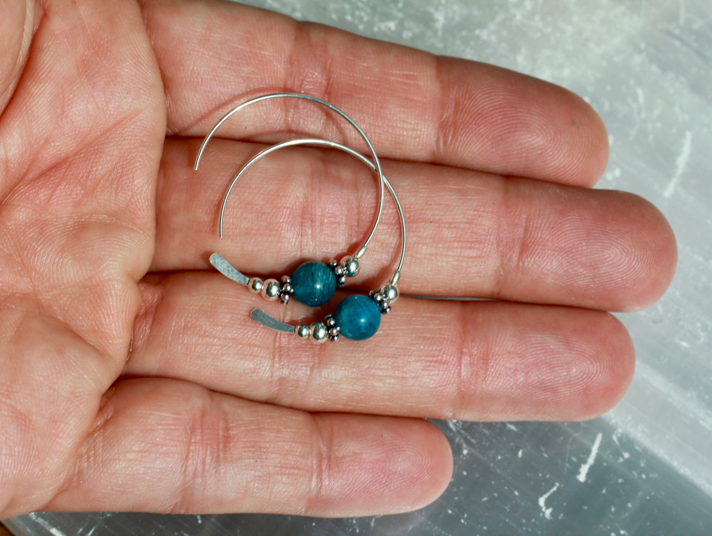 Blue Apatite Bali Silver Bead Hoops