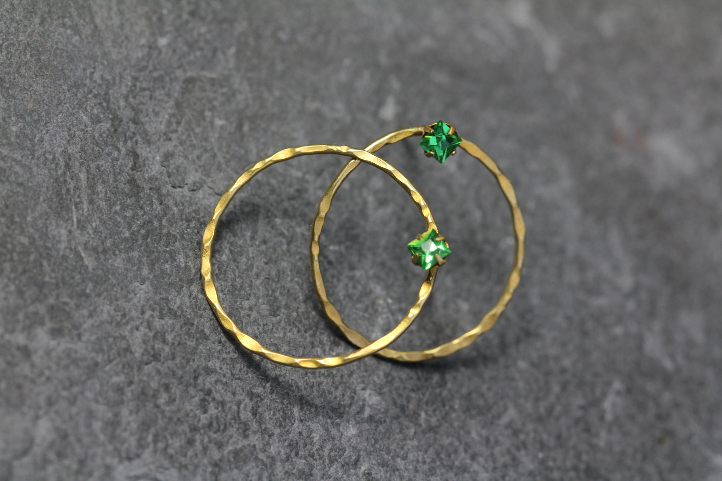 Hammered Brass Green Crystal Hoop Post Earrings