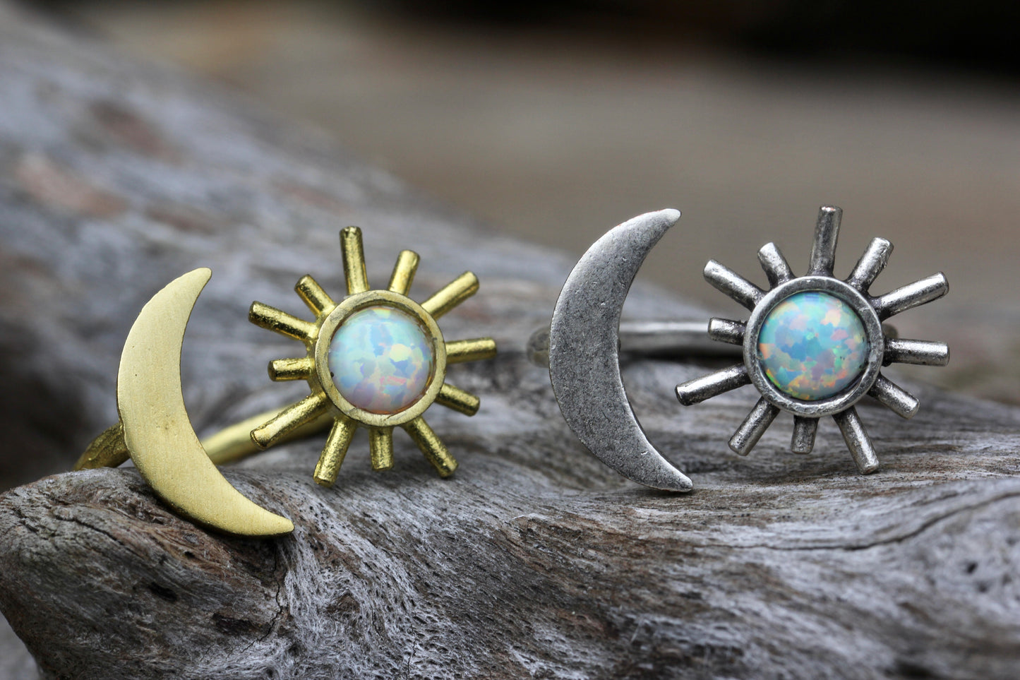 Opal Moon and Sun Brass Ring