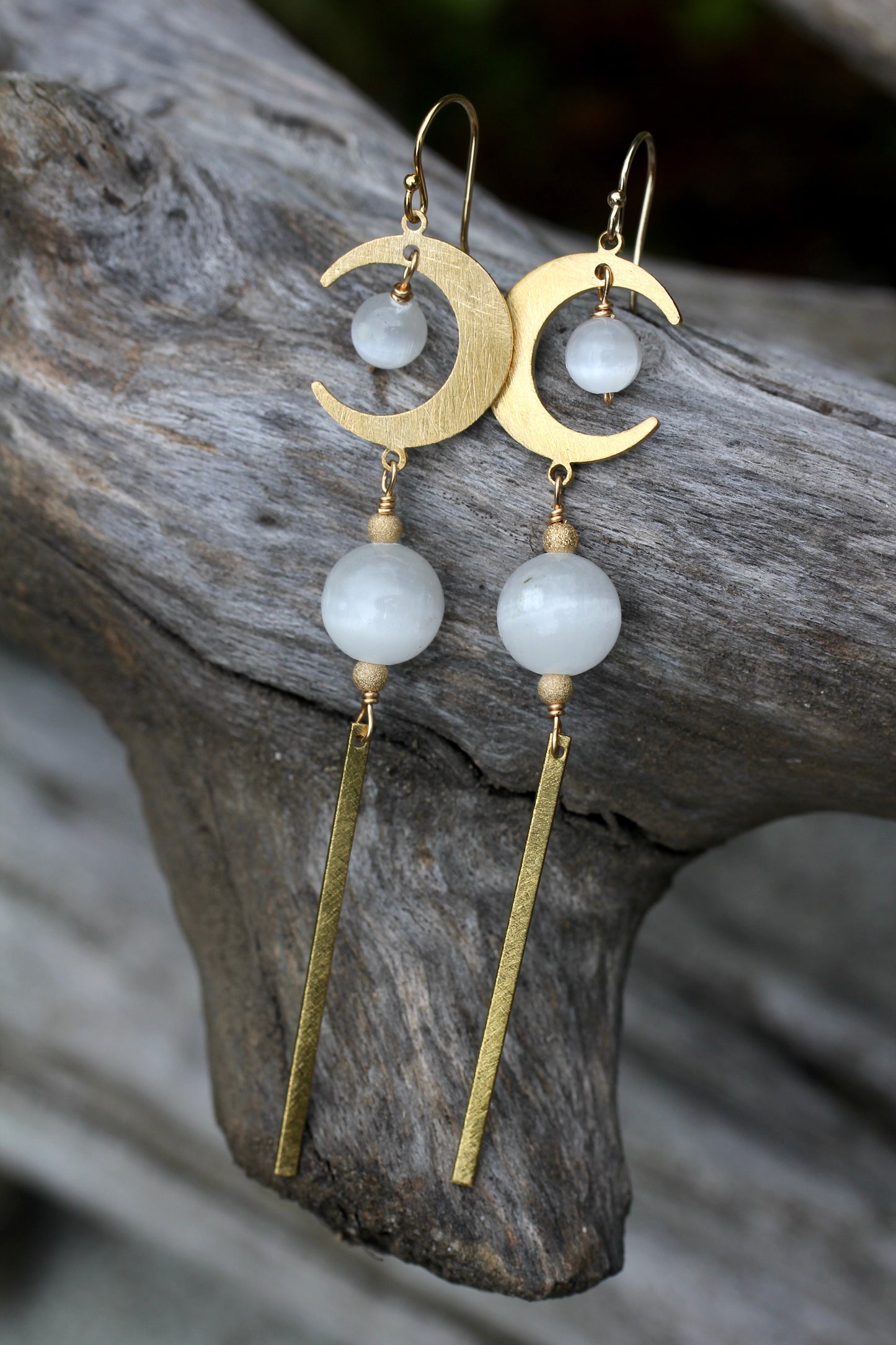 Brass Moon Selenite Long Drop Earrings