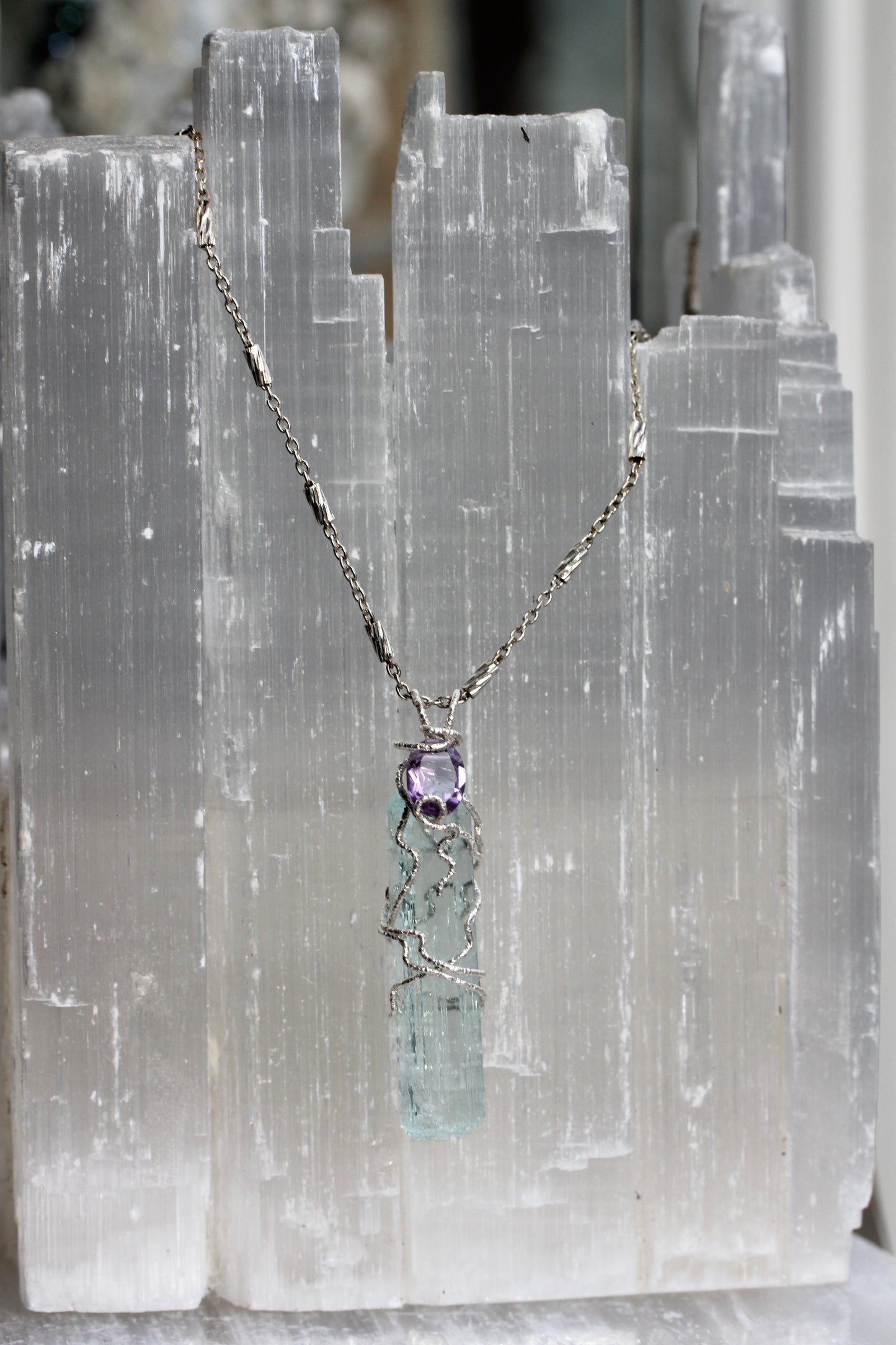 Aquamarine Crystal Pendant with Amethyst