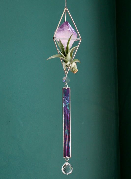 Amethyst Crystal Stained Glass Sun Catcher with Air Plant