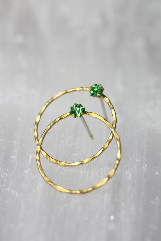 Hammered Brass Green Crystal Hoop Post Earrings