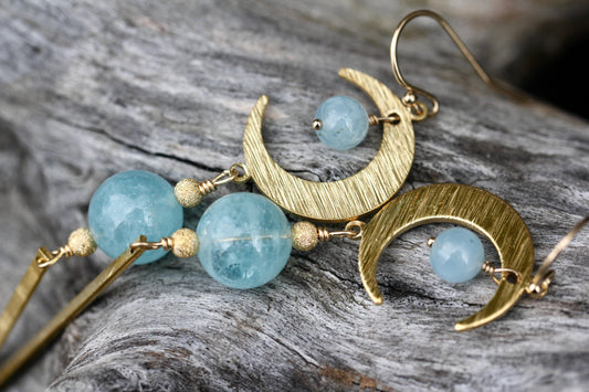 Brass Moon Aquamarine Long Drop Earrings