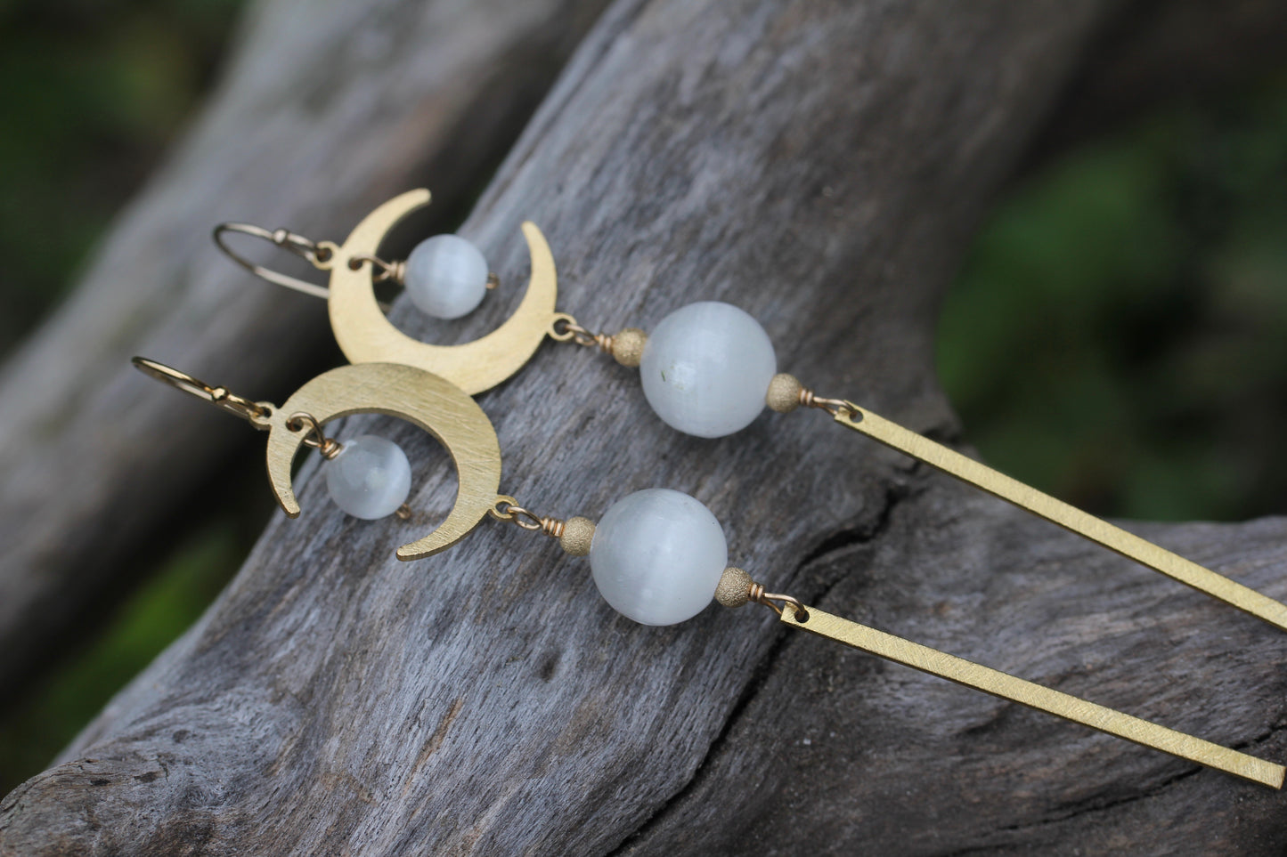 Brass Moon Selenite Long Drop Earrings