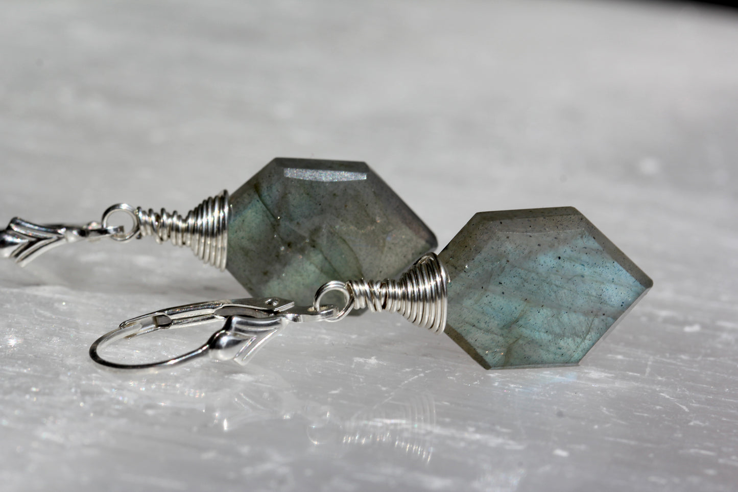 Labradorite Hexagonal Silver Wrap Earrings