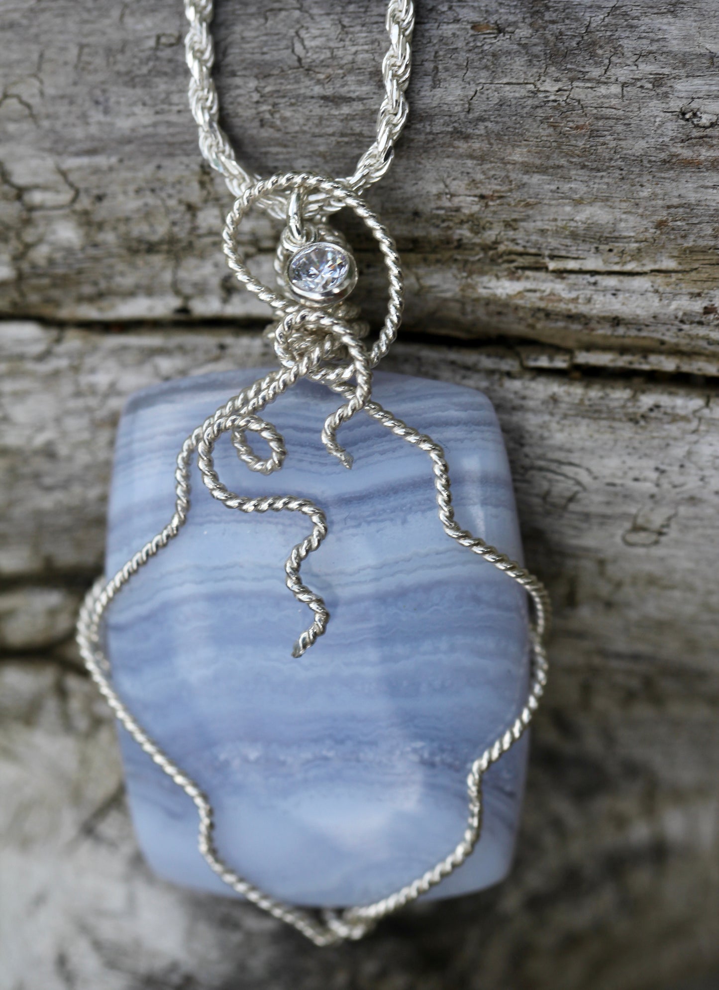 Blue Lace Agate Silver Swirl Necklace