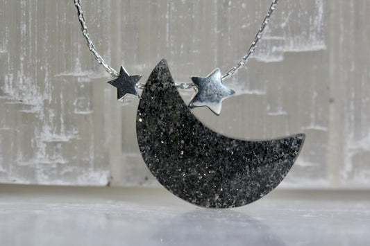 Black Sunstone Silver Moon Star Necklace