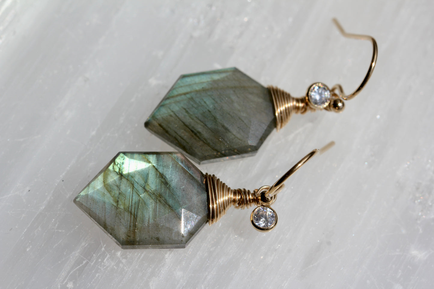 Labradorite Hexagonal Gold Wrap Earrings