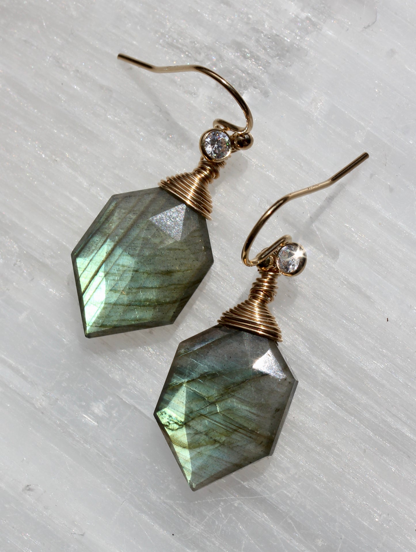Labradorite Hexagonal Gold Wrap Earrings