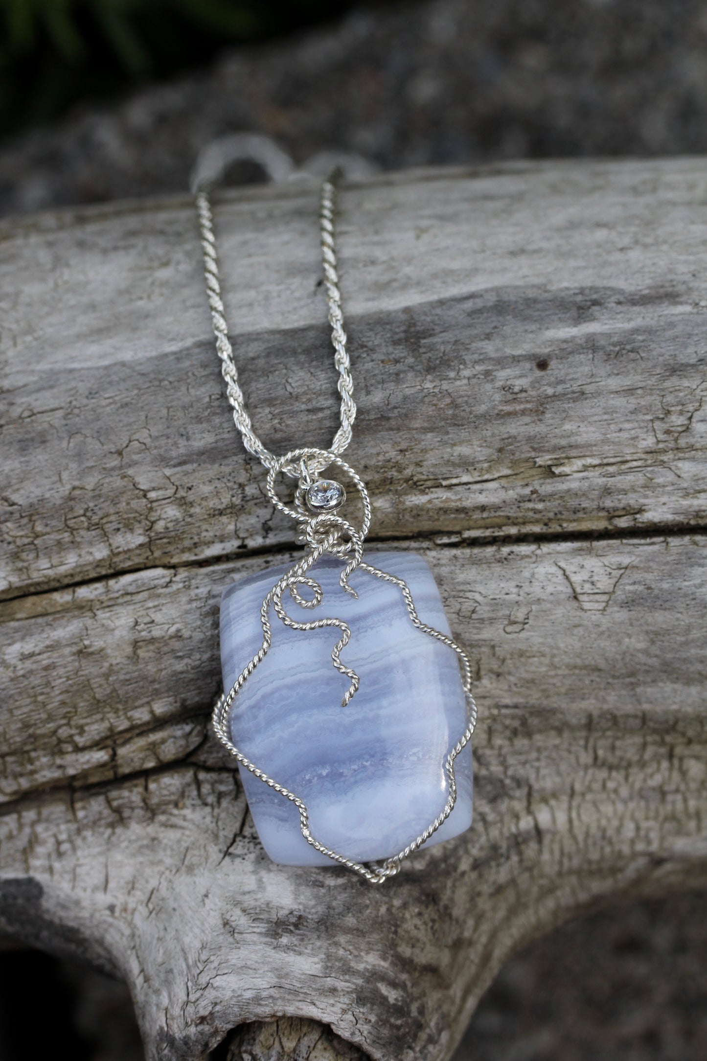 Blue Lace Agate Silver Swirl Necklace