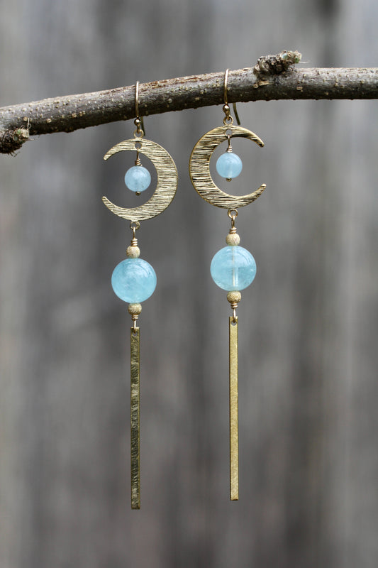 Brass Moon Aquamarine Long Drop Earrings
