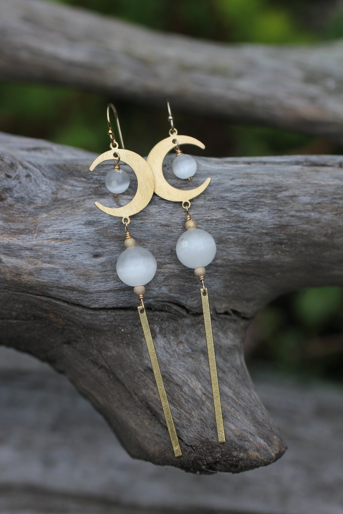 Brass Moon Selenite Long Drop Earrings