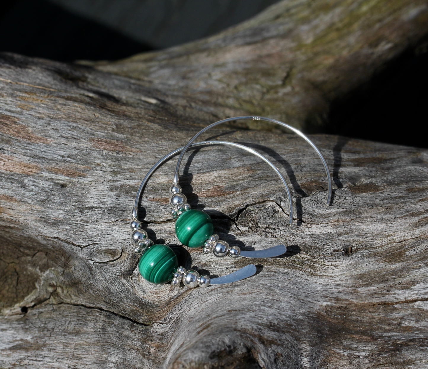 Malachite Bali Silver Bead Hoops