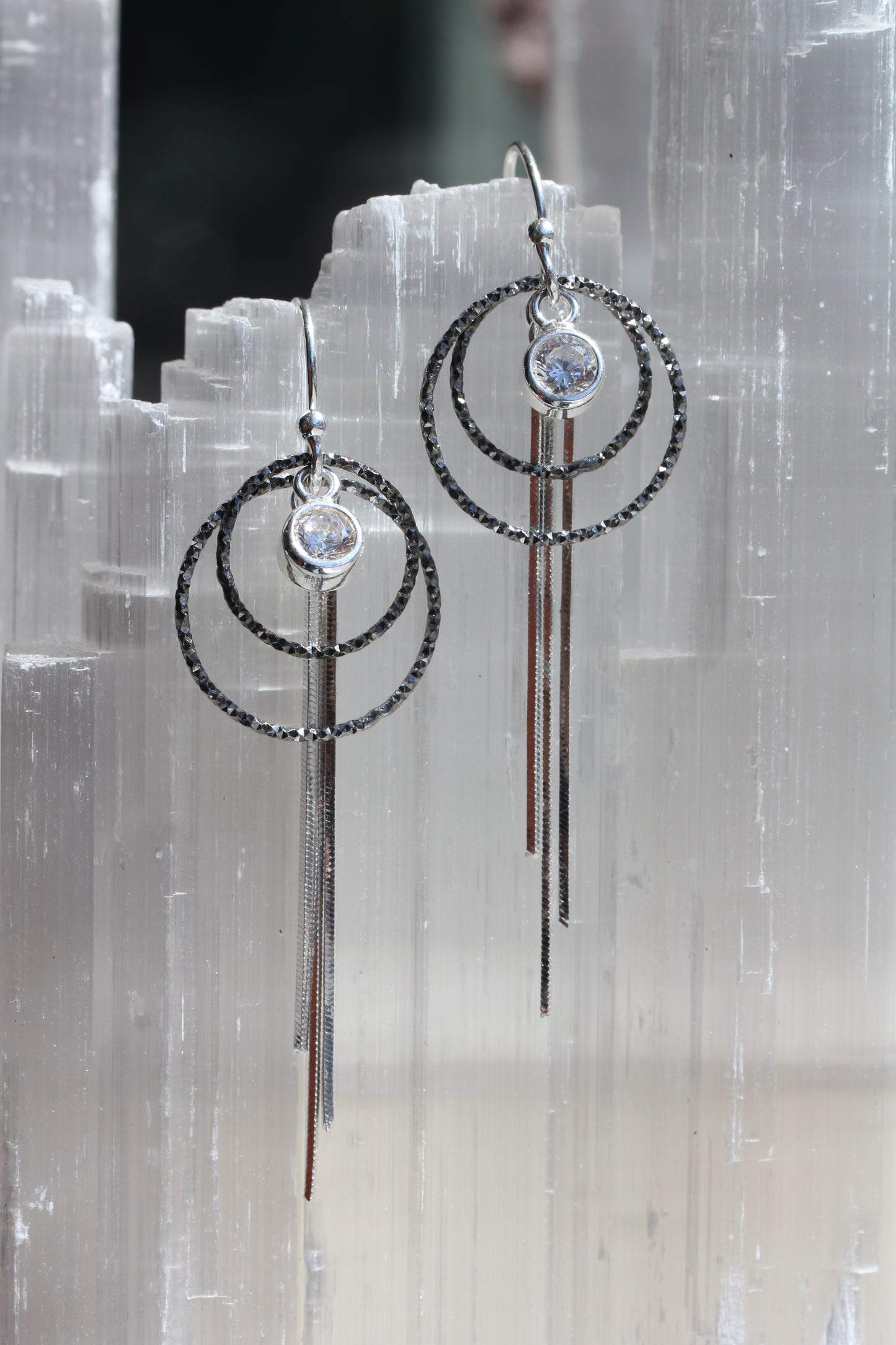 Double Ring CZ Tassel Earrings