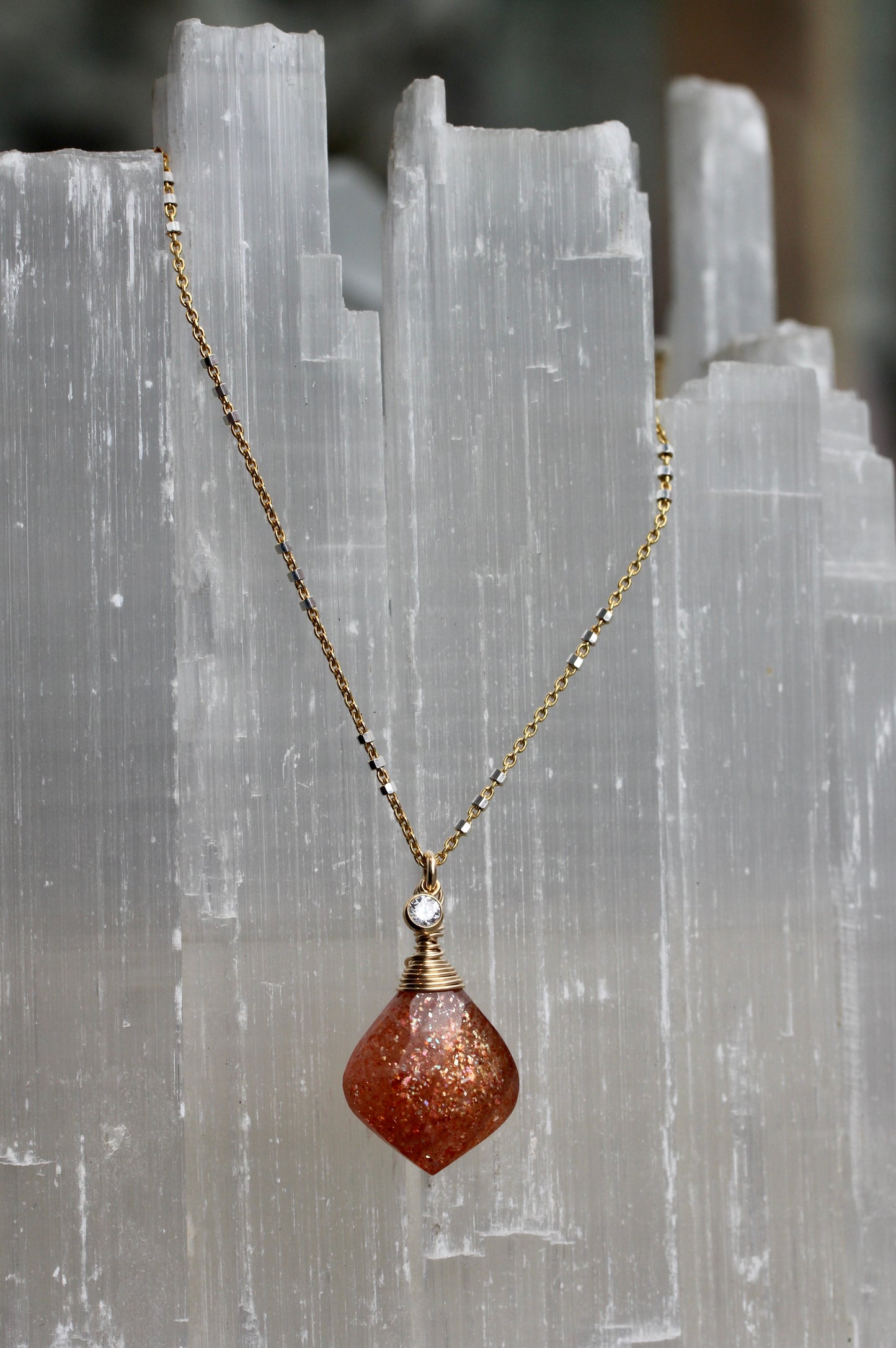 Sunstone Two Toned Necklace with Cubic Zirconia