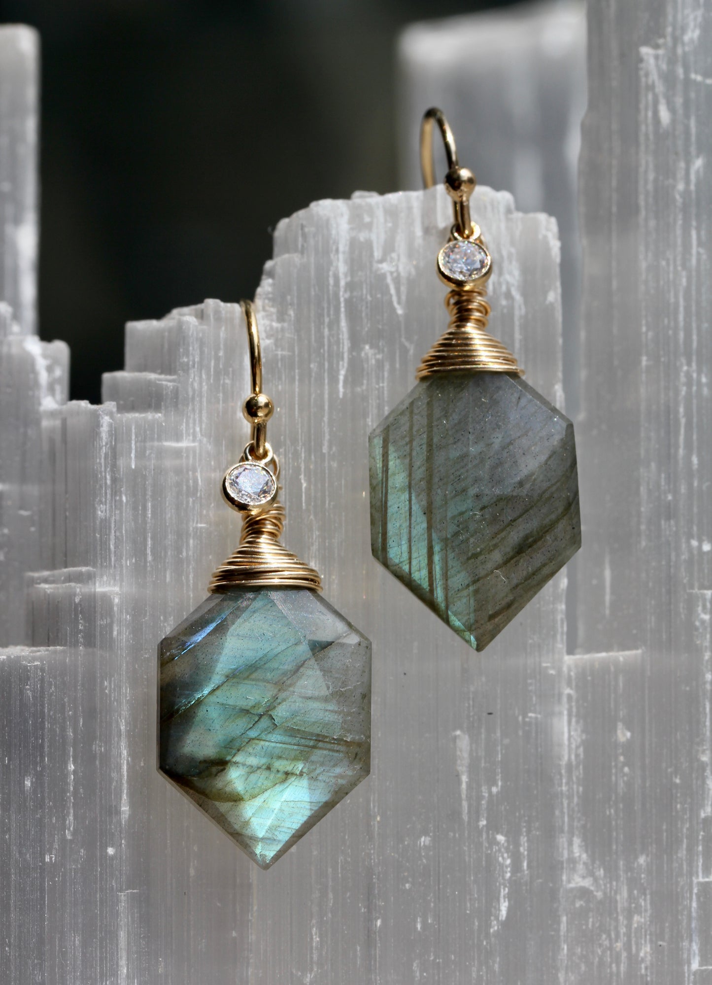 Labradorite Hexagonal Gold Wrap Earrings