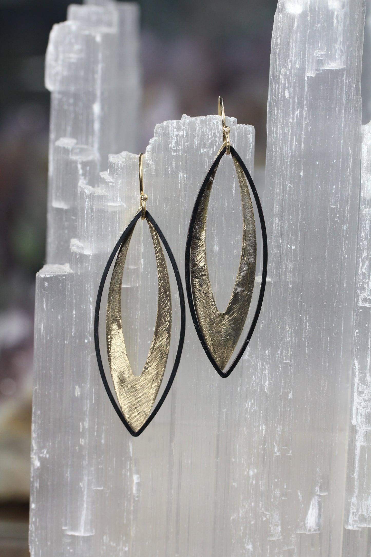 Black and Gold Brass Marquis Earrings