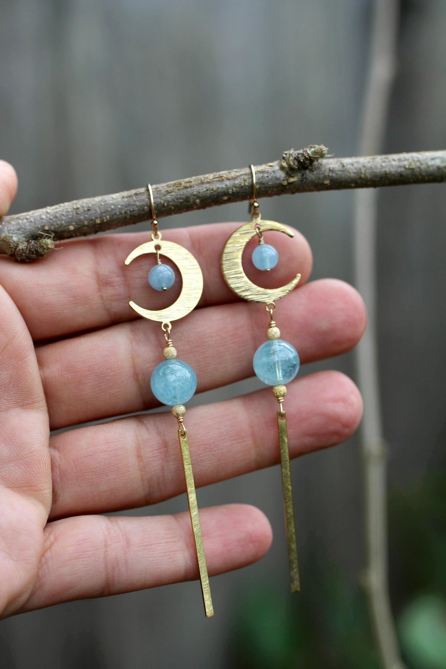 Brass Moon Aquamarine Long Drop Earrings