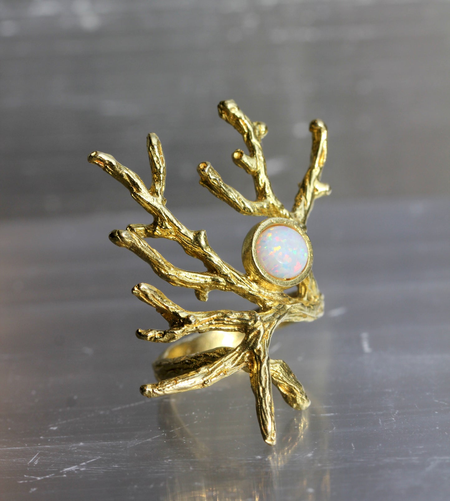 Created Opal Brass Branch Ring