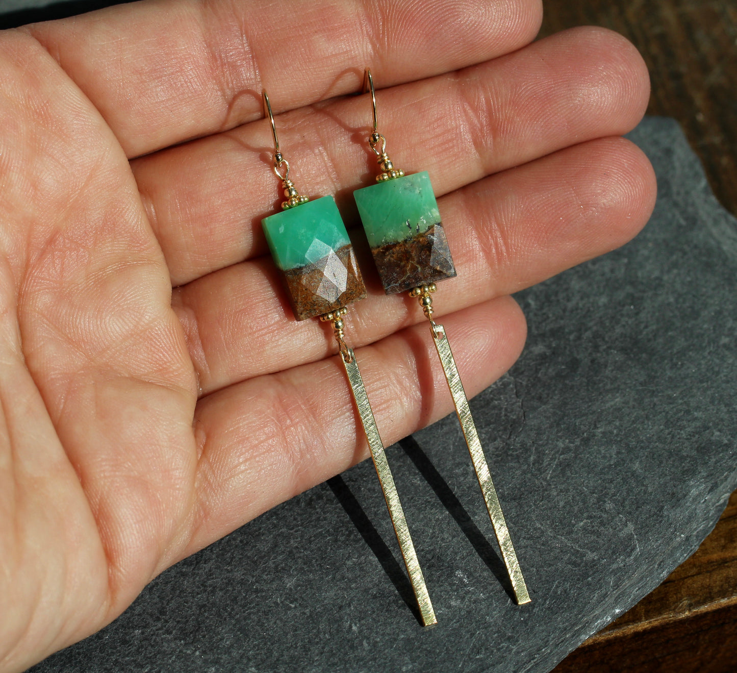 Chrysoprase Rectangle Brass Bar Drop Earrings
