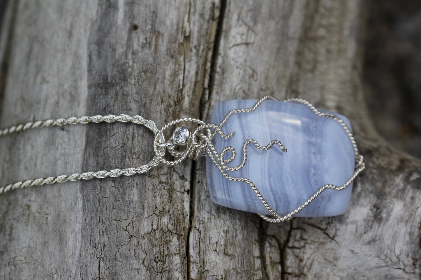 Blue Lace Agate Silver Swirl Necklace