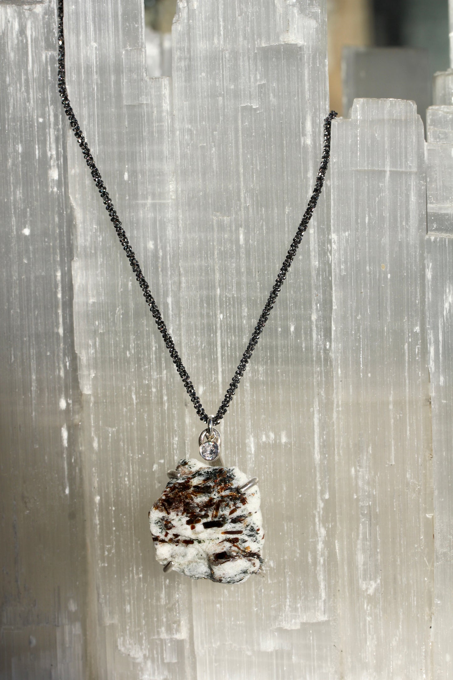 Astrophyllite CZ Oxidized Silver Necklace