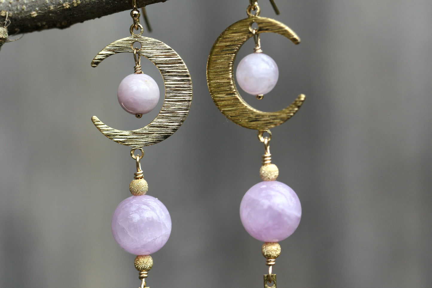 Brass Moon Kunzite Long Drop Earrings