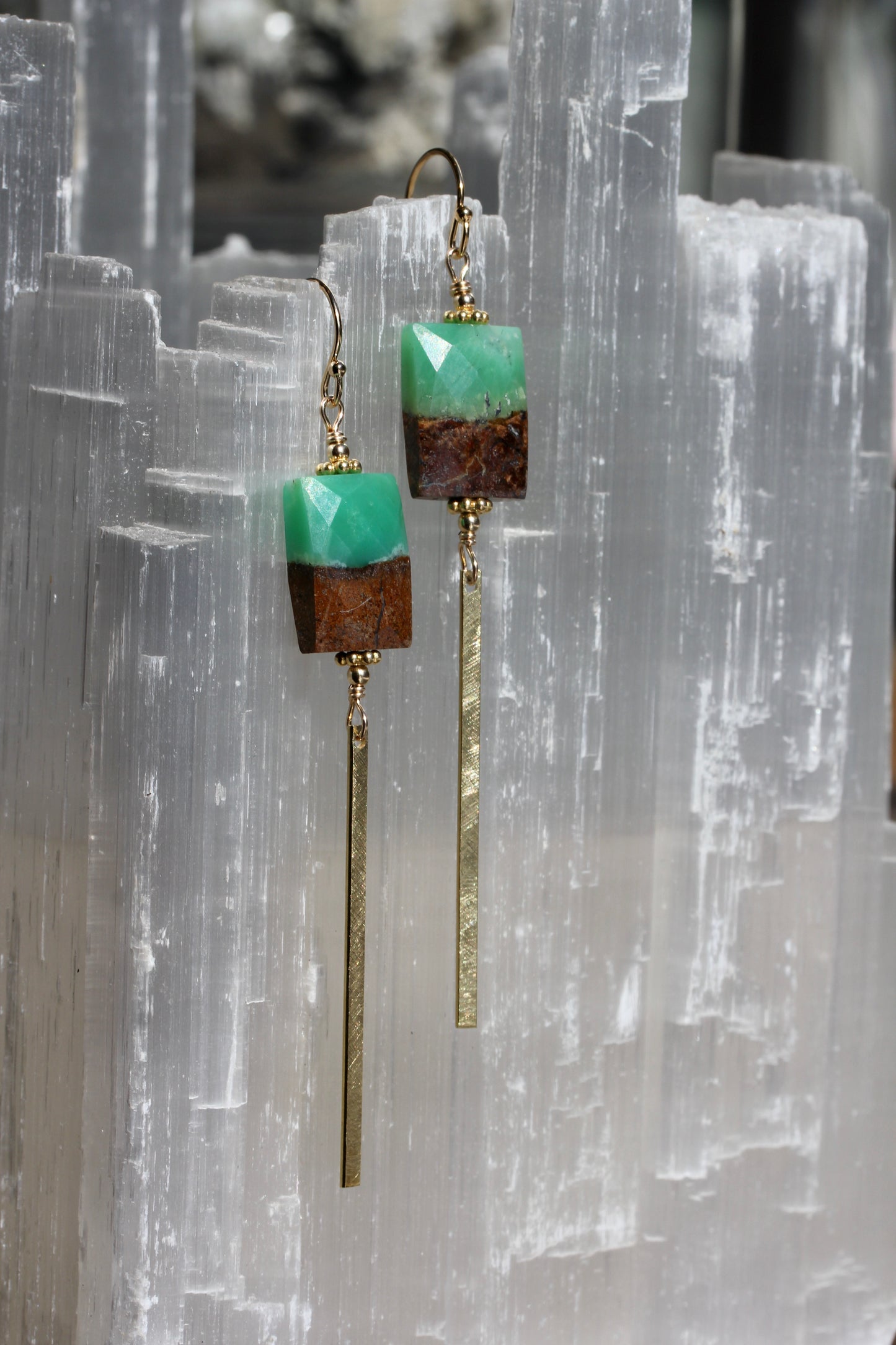 Chrysoprase Rectangle Brass Bar Drop Earrings