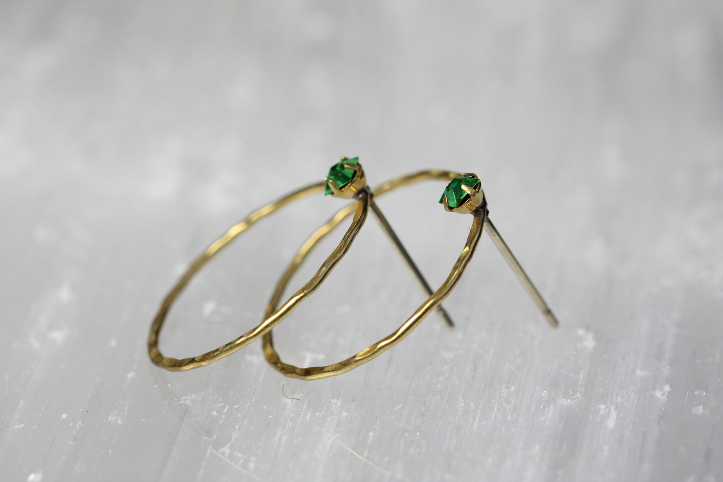 Hammered Brass Green Crystal Hoop Post Earrings