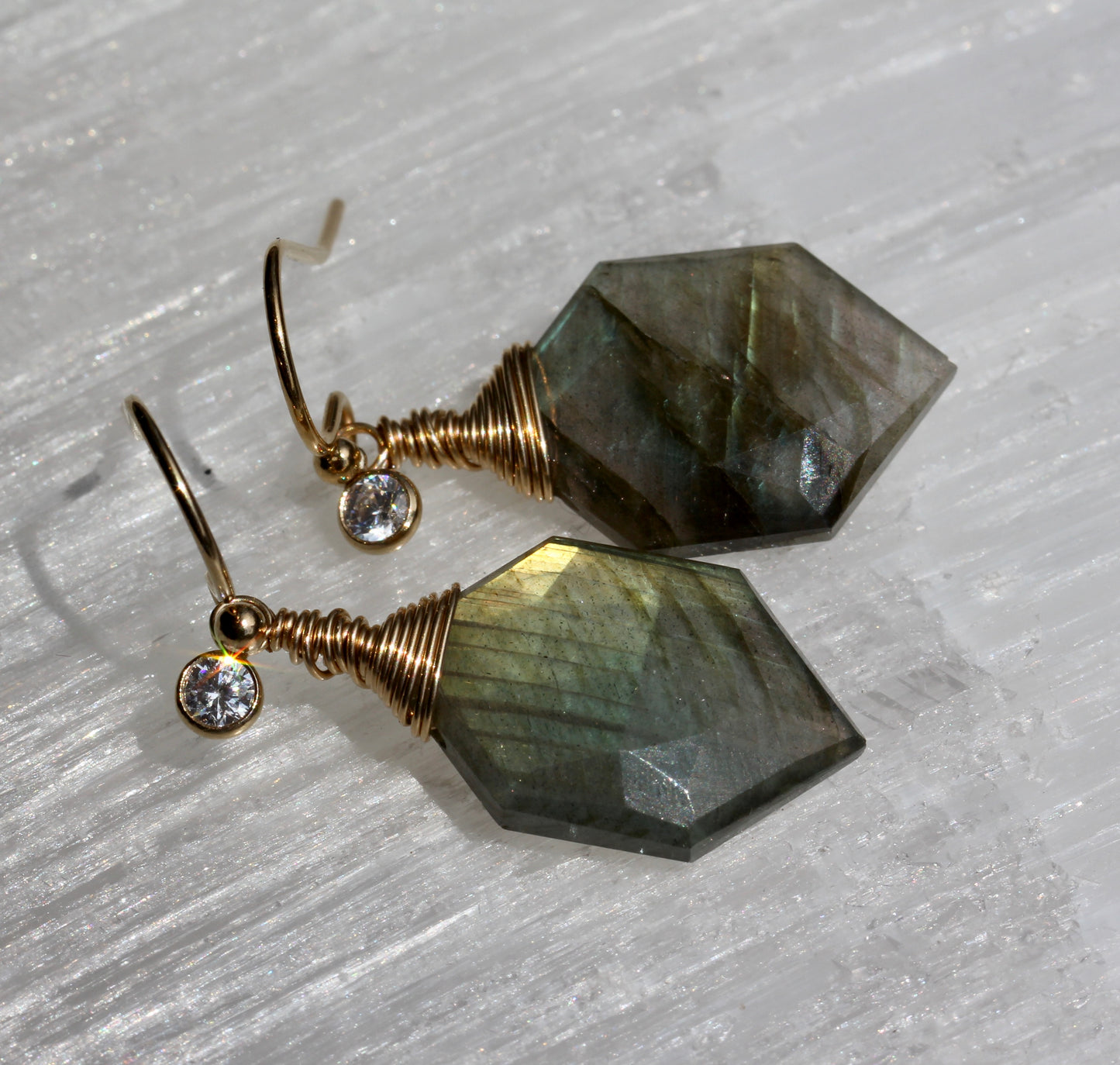 Labradorite Hexagonal Gold Wrap Earrings
