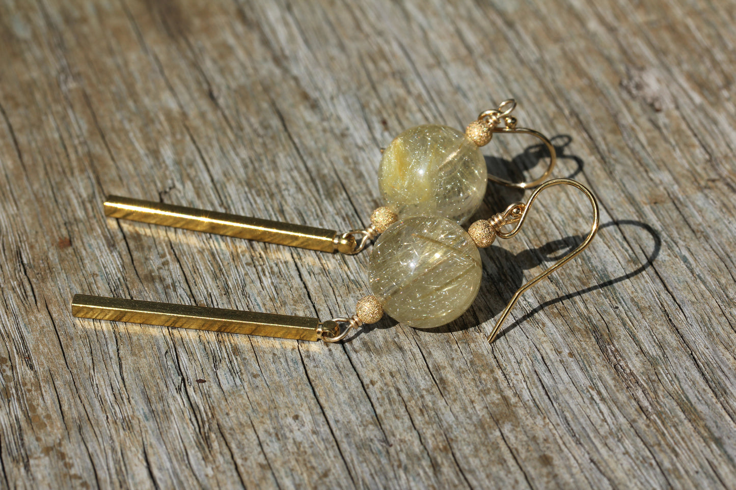 Rutilated Quartz Brass Bar Earrings