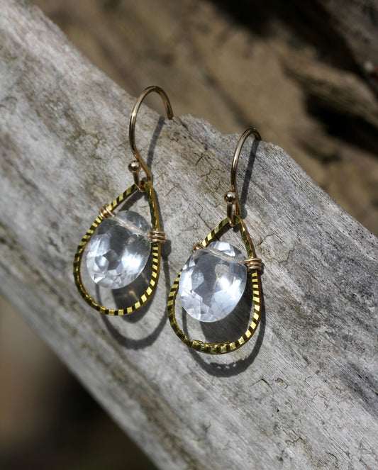 Rock Crystal Quartz Brass Tear Drop Earrings