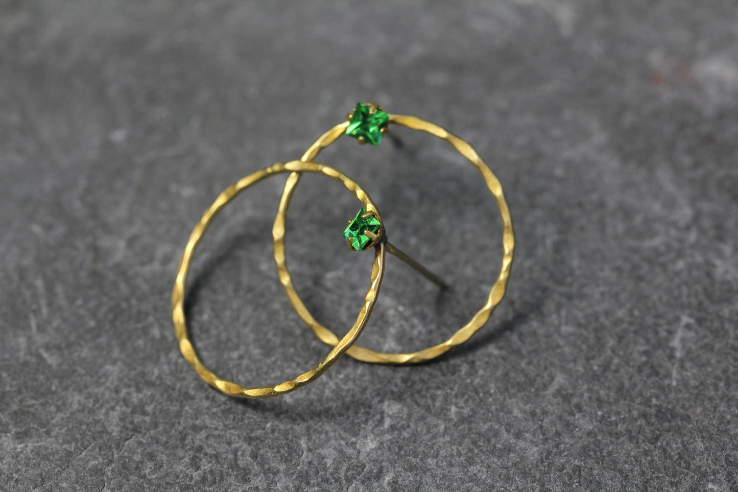 Hammered Brass Green Crystal Hoop Post Earrings