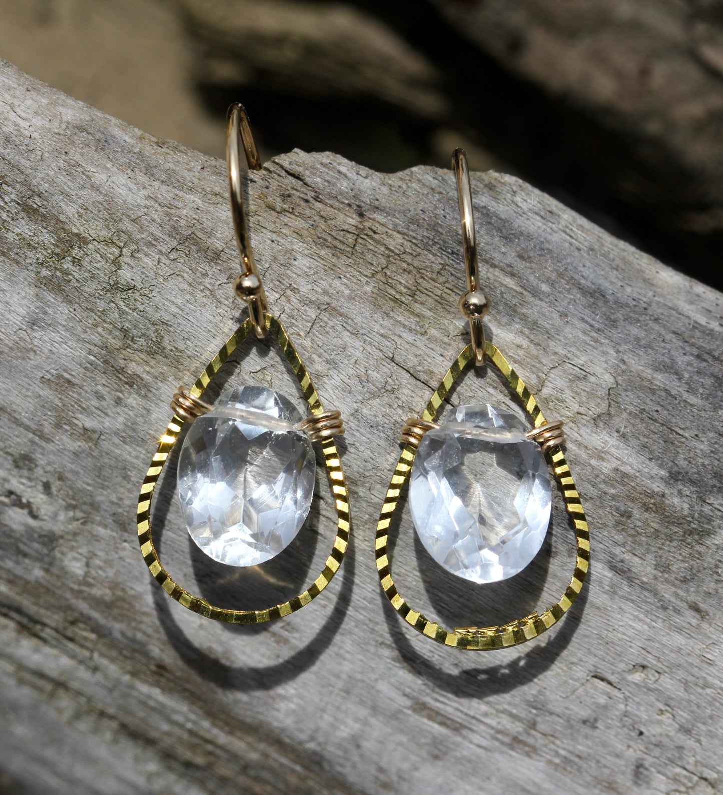 Rock Crystal Quartz Brass Tear Drop Earrings